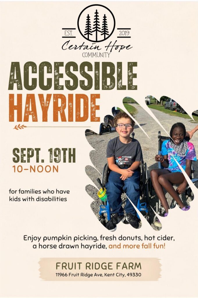 Two smiling children sit in wheelchairs on grass, with autumn-themed graphics and event details for an accessible hayride at Fruit Ridge Farm.